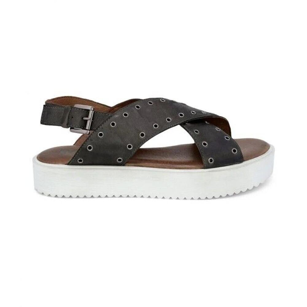 BED|STU Black Leather Crisscross Eyelet Slingback Sandals with White Sole - Picture 5 of 6